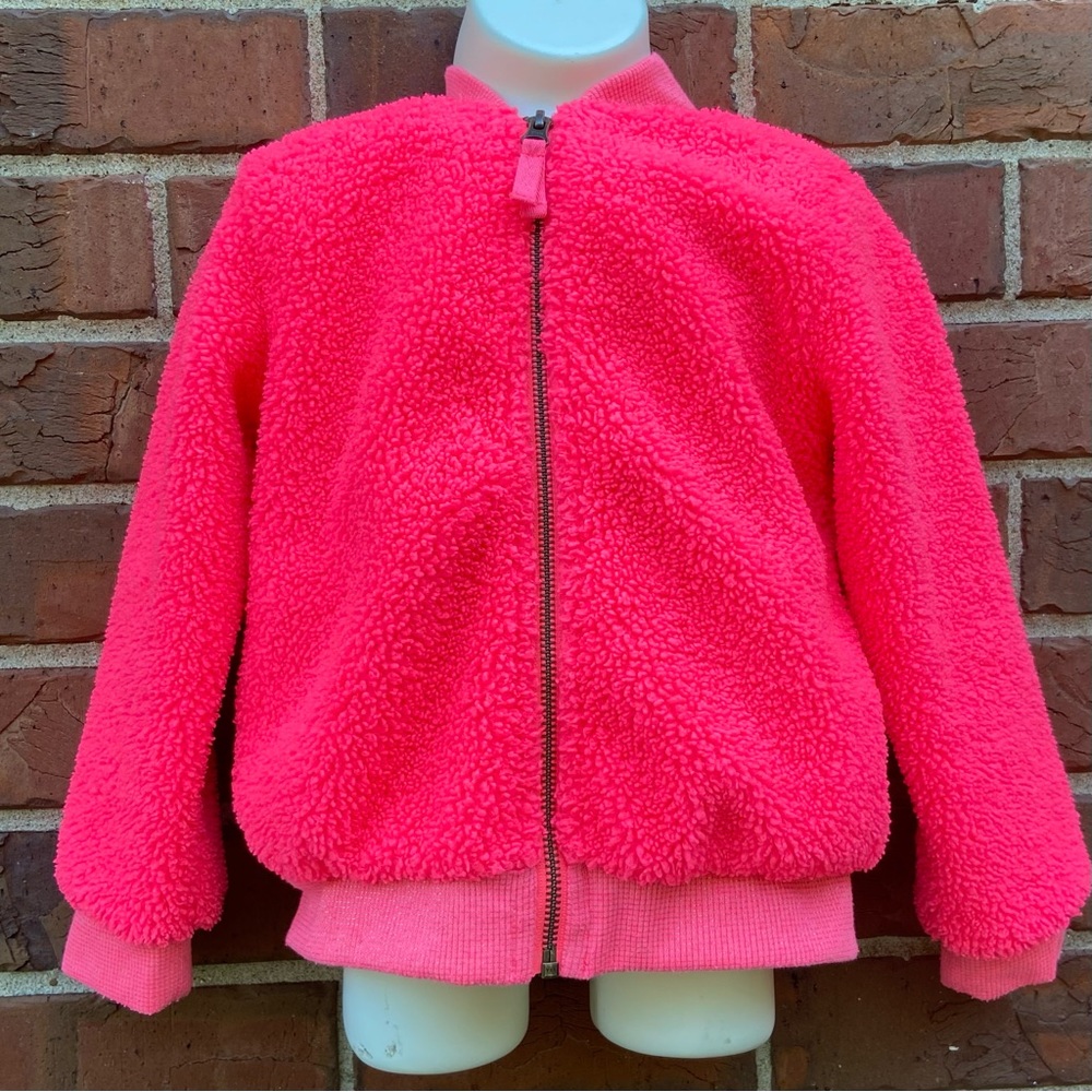 Neon Pink Fuzzy Girls Bomber Jacket with Gold Details